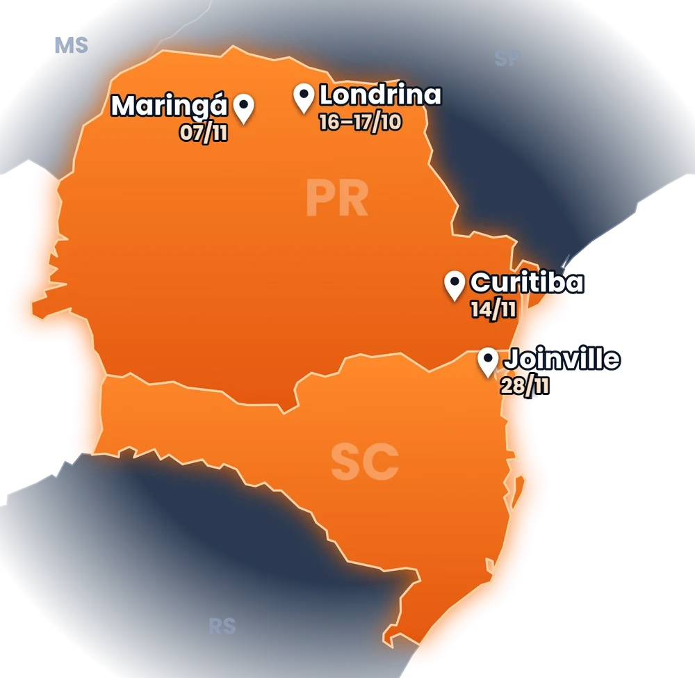 Curso de vendas de consórcio – Mapa do Paraná e Santa Catarina com as cidades da Imersão Consórcio 360°: Londrina 16–17/10, Maringá 07/11, Curitiba 14/11 e Joinville 28/11